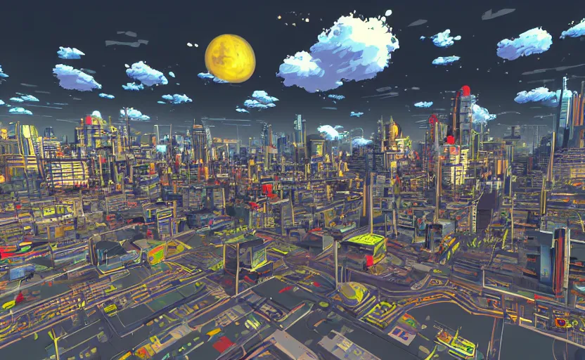 Prompt: sci-fi city with distorted clouds, 8 bits graphics, 2D, flat, SNES game, crushed quality, low contrast, light displacement, color gradient, heavy compression filter,