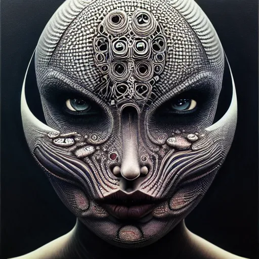 Image similar to ultra realist intricate painting of gothic female alien, curvy, black scales on face and cyborg tech, dystopian surrealism, symmetry accurate features, very intricate details, focus, high resolution, 4k, photo realistic, artstyle Alex Ries and Zdzisław Beksiński, award winning