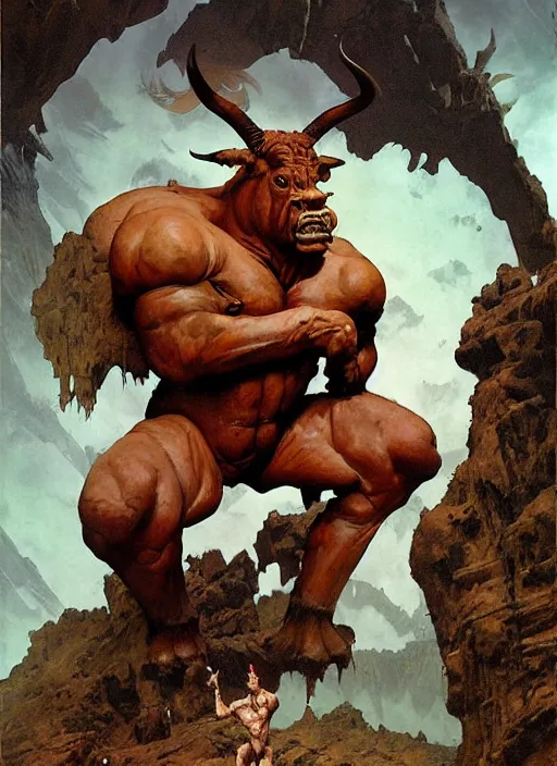 Image similar to full body portrait of a huge, miserable minotaur sitting in a cave, by boris vallejo and jesper ejsing and simon bisley and greg manchess and zdzislaw beksinski and norman rockwell