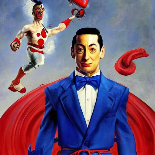 Image similar to ultra realistic portrait painting of pee wee herman as ryu from street fighter, art by frank frazetta, 4 k, ultra realistic, highly detailed, epic lighting