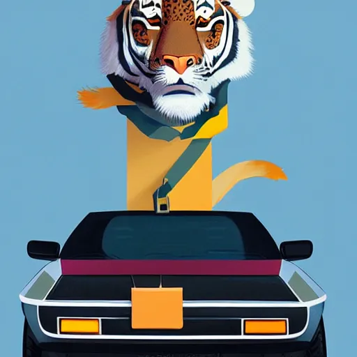 Prompt: an anthropomorphic tiger leaning on a delorean, painting by hsiao - ron cheng,