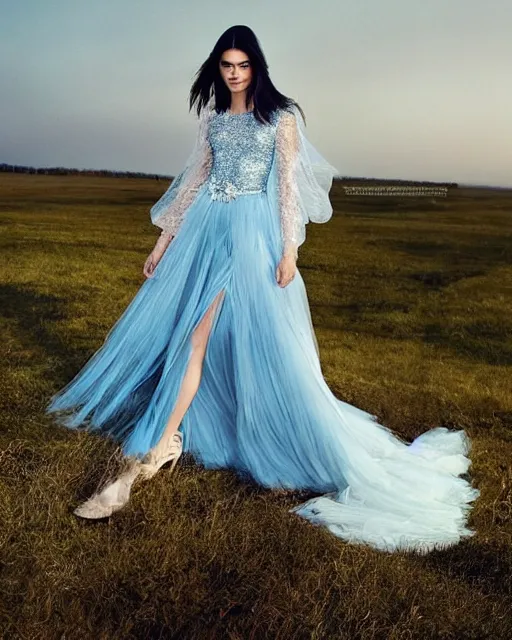 Image similar to annie leibovitz style photoshoot editorial of kendall jenner wearing a fairy dress with cream lace bodice with sleeves of sheer pale blue sequins