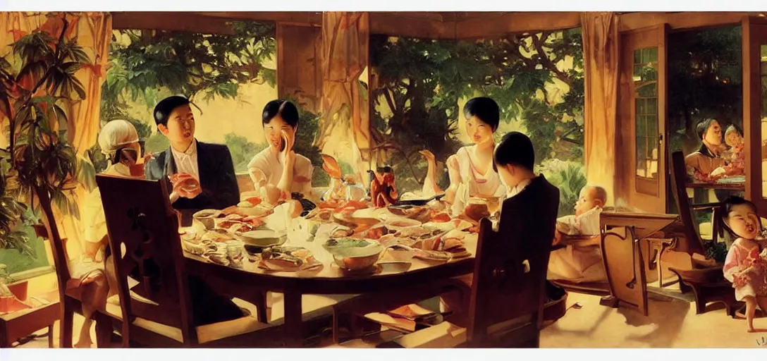 Prompt: a young asian family sitting at dining room, the table is full of food, animal figurine placing around family, garden behind the glasses, daylight, the sky is on fire. by leyendecker and dean cornwell