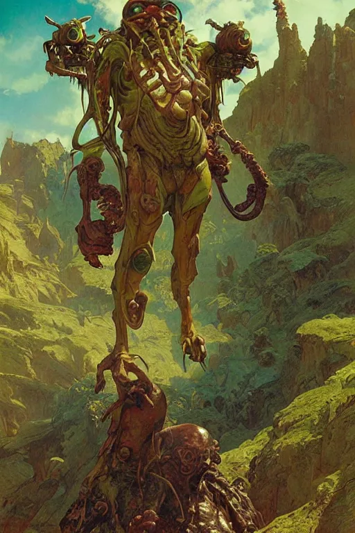 Prompt: A green martian with tusks and four arms, Martian landscape by Stanley Artgerm Lau, greg rutkowski, thomas kindkade, alphonse mucha, loish, norman Rockwell