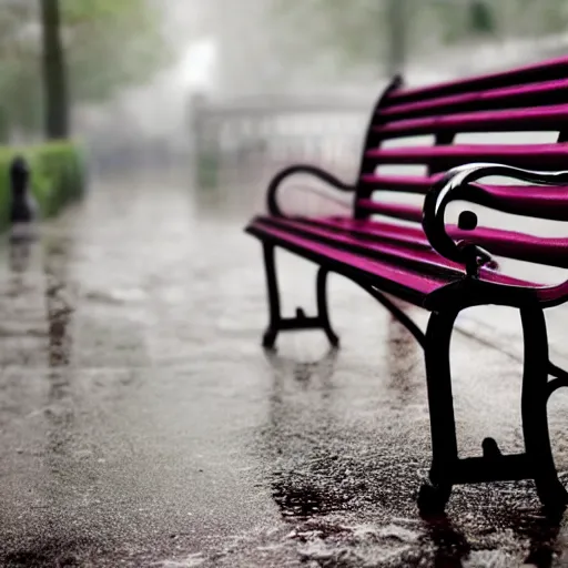 Prompt: beautiful 8 k stylized picture of an empty bench in the pouring rain, spring, detailed, 4 k resolution, dynamic lighting