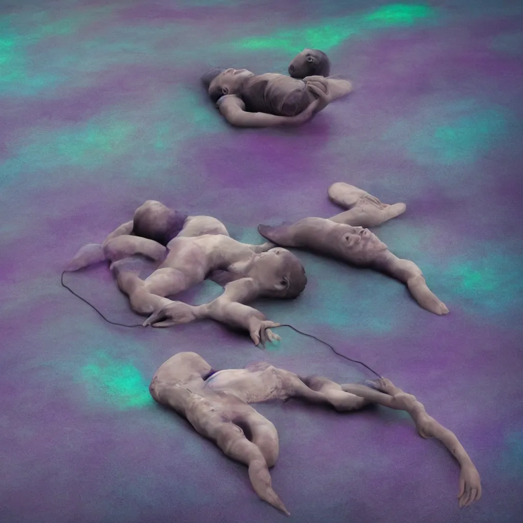 Prompt: iridiscent oil spill with women corpses connected by cables and computers to wax forms to a buried baby relaxing on yoga mat, faded, iridiscent gradient, dust, purple fog, depth of field, by nadav kander and hans bellmer, 8 k, ultrarealistic, sad atmosphere, cinematic, 8 5 mm lens