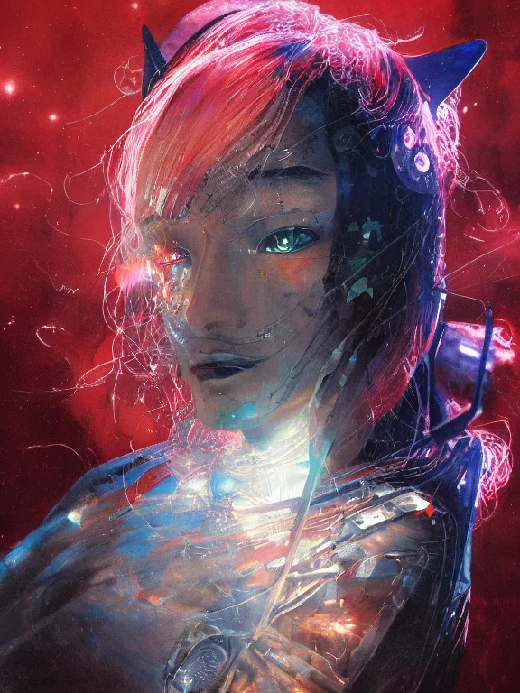 Prompt: closeup portrait of a transparent witch cyborg girl samurai, shattered glass, cinematic light, backlight glow, red sky blue, misty, by mikhail vrubel, by philippe druillet, by peter elson, by gerald brom, muted colors, ( ( extreme detail ) ), trending on artstation, 8 k