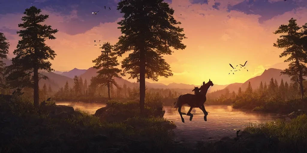 Image similar to A majestic landscape featuring a river, mountains and a forest. A group of birds is flying in the sky. There is man on a horse They are both staring at the sunset. Cinematic, very beautiful, painting in the style of firewatch