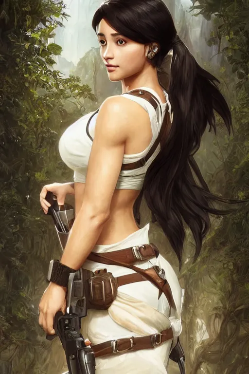 Image similar to beautiful cottagecore Ariana Grande as laura croft, Black Hair, tomb raider, intricate, elegant, highly detailed, digital painting, artstation, concept art, smooth, sharp, focus, illustration, art by artgerm and greg rutkowski and alphonse mucha