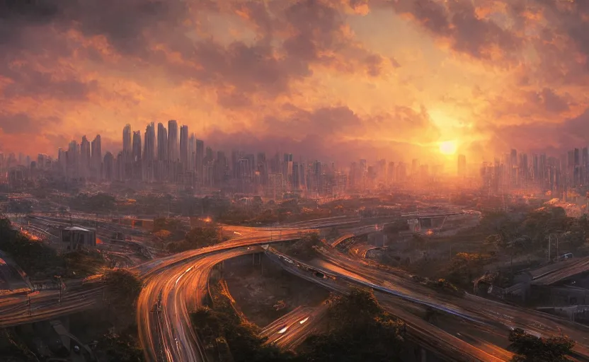 Image similar to beautiful landscape painting of peak hour traffic, edsa, manila, sunrise, god's rays highly detailed, vivid color, cinematic lighting, perfect composition, 8 k, gustave dore, derek zabrocki, greg rutkowski, belsinski, octane render