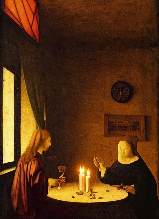 Image similar to a candlelit table at the inn, evening, dark room, two people sitting at the table, swirling smoke, dark smoke, realistic, in the style of leonardo da vinci, dutch golden age, amsterdam, medieval painting by jan van eyck, johannes vermeer, florence