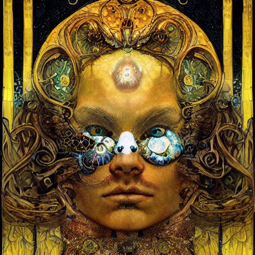 Prompt: Memento Mori by Karol Bak, Jean Deville, Gustav Klimt, and Vincent Van Gogh, beautiful visionary mystical portrait, otherworldly, fractal structures, ornate gilded medieval icon, third eye, spirals, botanical calavera by William Morris