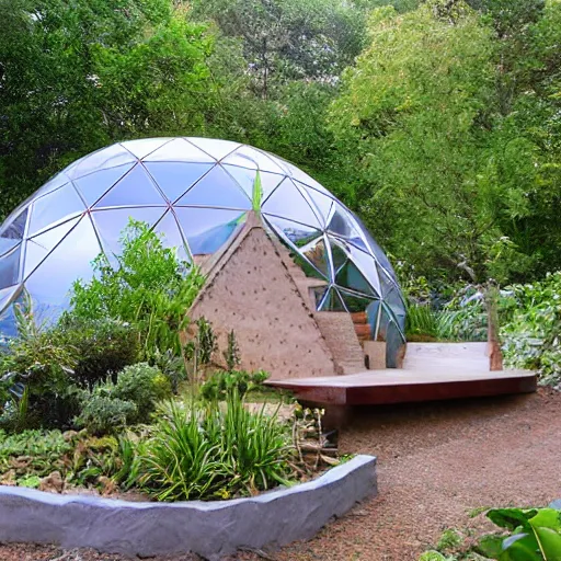 Image similar to geodesic dome with gardens and waterfall