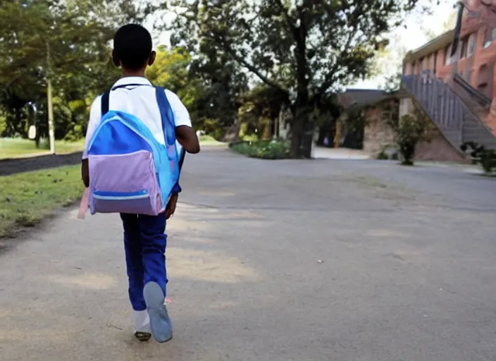 Prompt: a six - year - old boy on his way to his first day of school, children's drawing