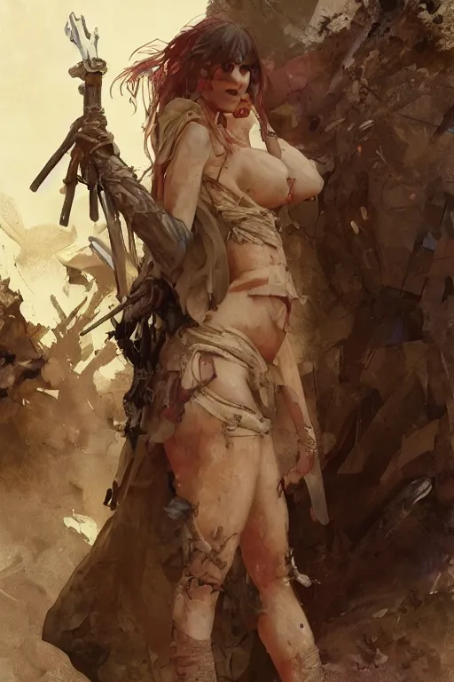 Image similar to a full body portrait of a beautiful post apocalyptic offworld priests quarter bedouin blind pulp fiction scarlet wild rogue barbarian leper begging by the roadside, intricate, elegant, highly detailed, digital painting, artstation, concept art, smooth, sharp focus, illustration, art by krenz cushart and artem demura and alphonse mucha