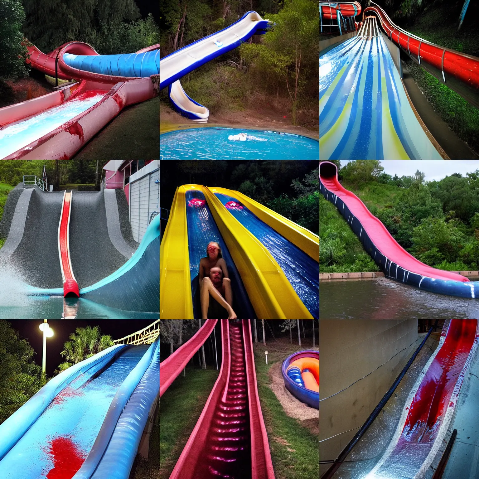 Prompt: creepy water slide with blood at night, dark, fear, danger, night,