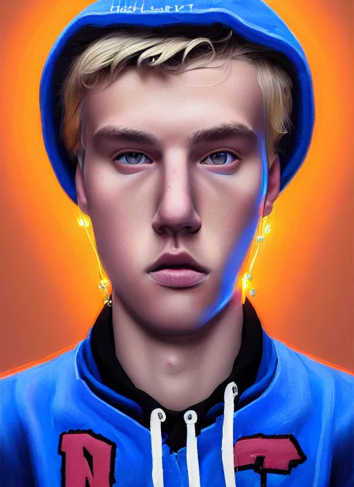 Image similar to portrait of high school senior boy named big moose, blonde short hair, jock, beefy, wide face, square jaw, square facial structure, blue varsity jacket with letter r, intricate, elegant, glowing lights, highly detailed, digital painting, artstation, concept art, sharp focus, illustration, art by wlop, mars ravelo and greg rutkowski