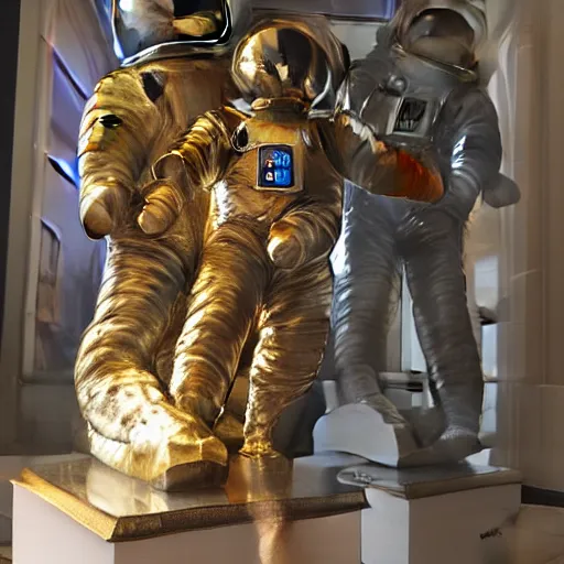 Prompt: cat cosmonaut statue, proudly posing by leonardo davinci, intricate, detailed, atmospheric lighting, golden hour