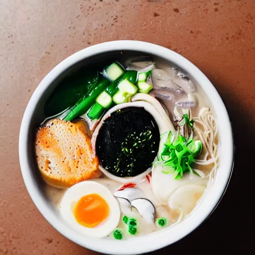 Image similar to A top view of a tonkotsu ramen next to a window on a rainy day