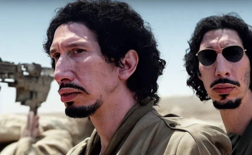 Prompt: Adam Driver as Gaddafi in 'Ddafi' (2025), movie still frame, oscar nominated cinematography, volumetric lighting, 8k resolution, beautiful composition