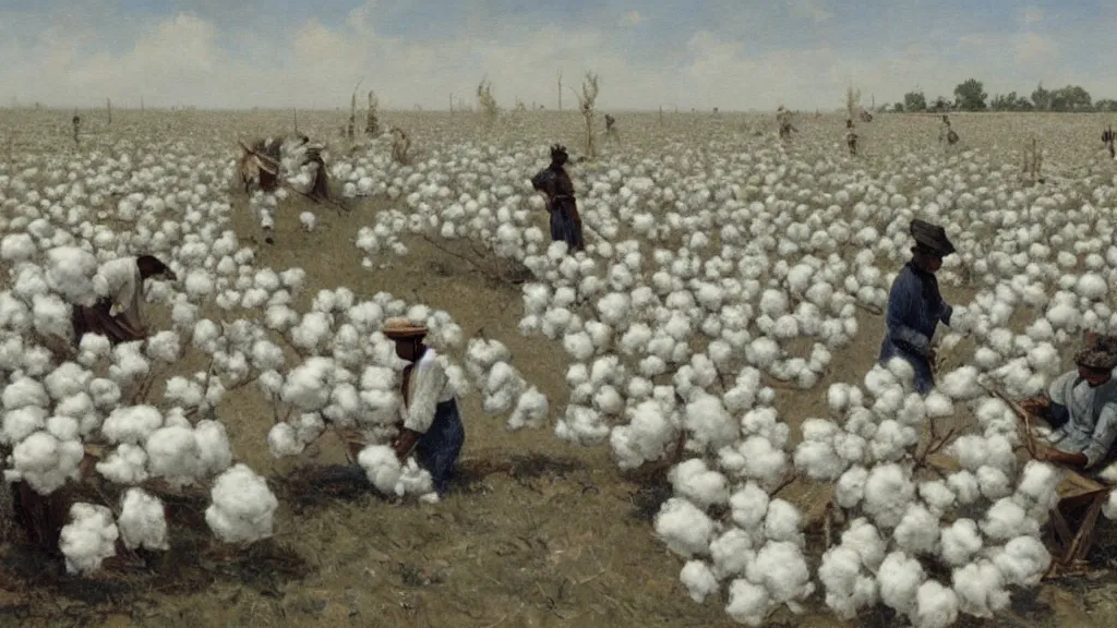 Prompt: people working in a cotton field. divisionism