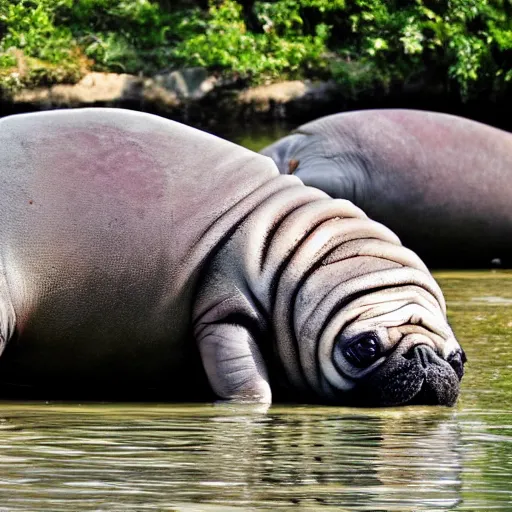 Image similar to a Manatee-Pug Hybrid, A Manatee that looks like a pug, huge tusks, afternoon hangout, good times photograph, candid