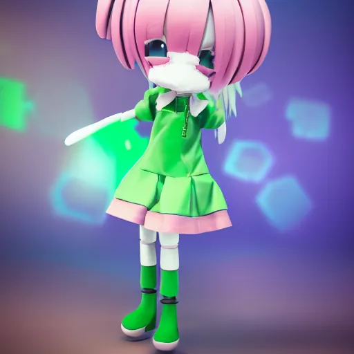 Image similar to cute fumo plush of a girl with prosthetic mechanical arms, green dataglyphs, pink velvet dress, bokeh, cyberpunk anime girl, vray