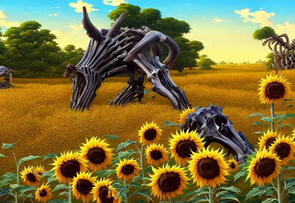 Prompt: giant animal bones in the countryside with sunflowers in the background, dramatic lighting, intricate oil painting, high detail illustration, sharp high detail, manga and anime 1 9 9 9, official fanart behance hd artstation by jesper ejsing and makoto shinkai, 4 k,