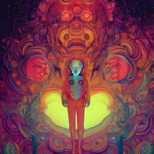 Image similar to An extremely psychedelic experience, colorful, surreal, dramatic lighting, cosmonaut, LSD, face, detailed, intricate, elegant, highly detailed, digital painting, artstation, concept art, smooth, sharp focus, illustration, art by Sam Spratt, Dan Mumford, Artem Demura and Alphonse Mucha