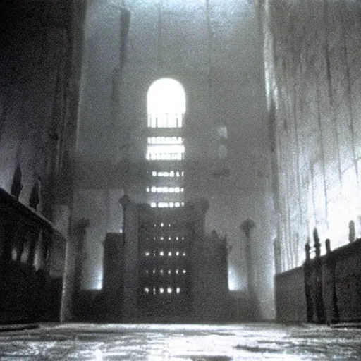 Prompt: an ominous lunatic insane asylum. still from blade runner