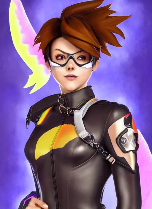 Image similar to portrait bust digital artwork of tracer overwatch, wearing iridescent rainbow latex and leather straps catsuit outfit, expressive happy face, makeup, in style of mark arian, angel wings, wearing detailed leather collar, chains, black leather harness, detailed face and eyes,