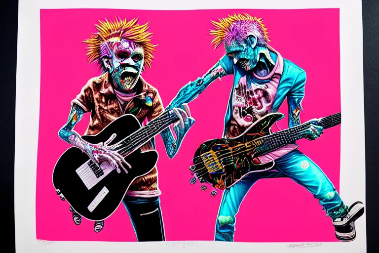 Image similar to risograph of a punk zombie playing guitar, tristan eaton, victo ngai, artgerm, rhads, ross draws, intricated details