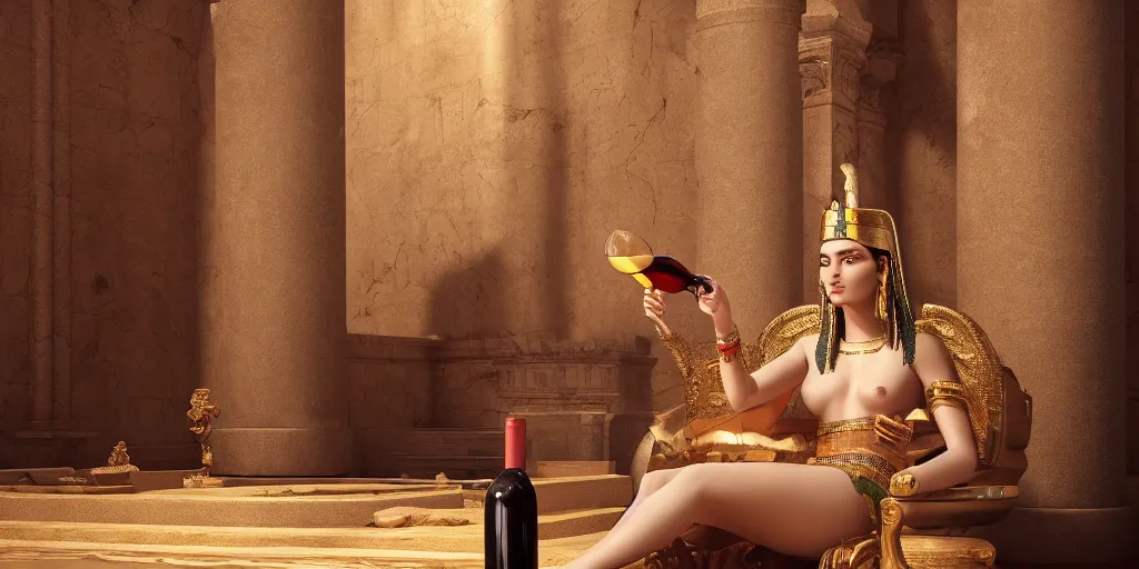 Prompt: Cleopatra drinking wine on her throne, her face is symmetrical hyper-realistic, Unreal Engine, Octane Render, digital art, trending on Artstation, 8k, detailed, atmospheric, immaculate