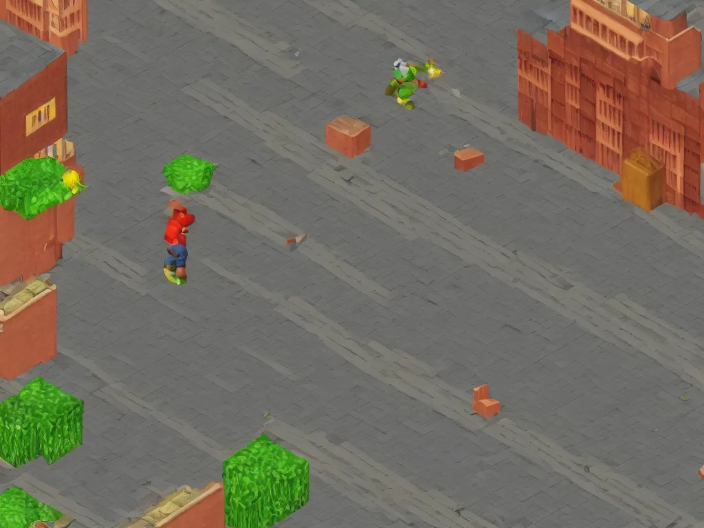 Prompt: Nintendo 64 game screenshot, a man walking in a city