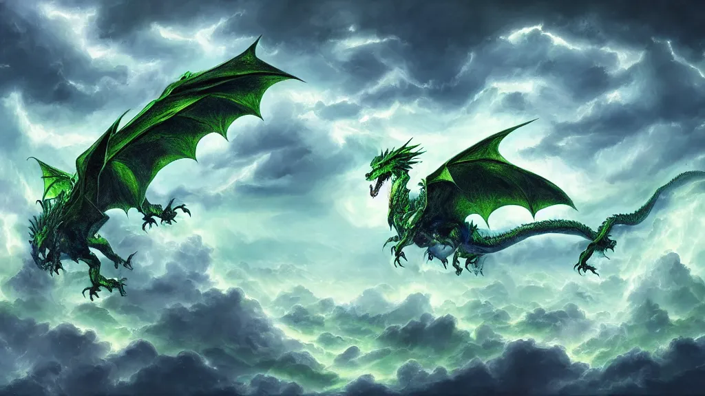 Image similar to surrealist painting of a huge green dragon flying through a stormy cloudy sky, lightning striking all around it, blue and green color scheme, fantasy artwork, award winning, hyper detailed, very very very beautiful, studio lighting, artstation