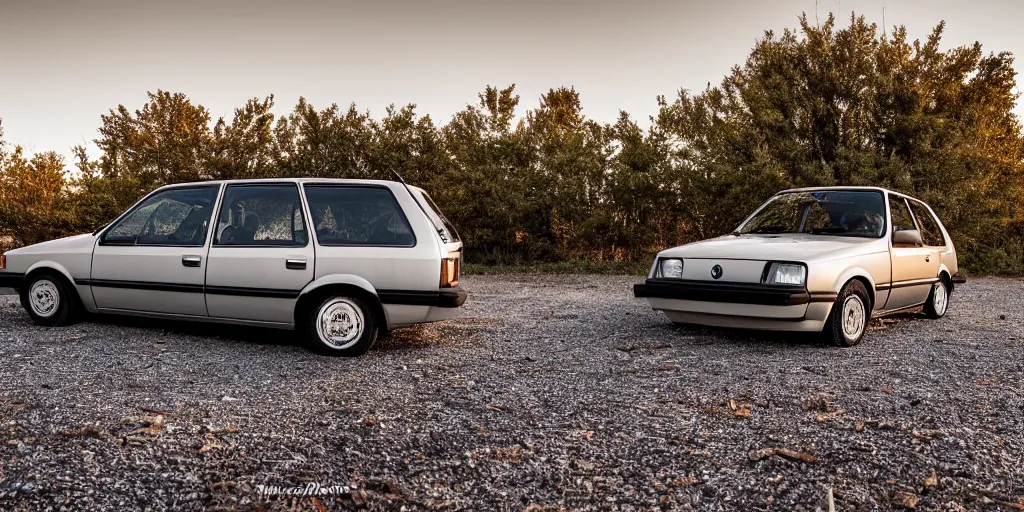 Prompt: a lonely rusty silver 1985 VW Golf in a vacant gravel lot, wide angle, golden hour, panorama, detailed digital art