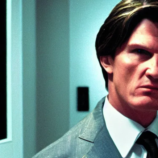 Image similar to Viktor Yushchenko as the American Psycho, cinematic still