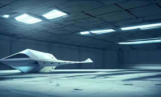 Image similar to digital painting, octane render, high quality, unreal engine 5, spaceship in hangar