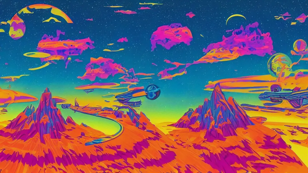 Prompt: artwork in the style of chesley bonestell and in the style of lisa frank.