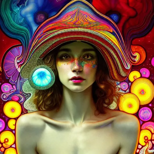 Prompt: An extremely psychedelic celestial white fedora hat, colorful, surreal, dramatic lighting, magic mushrooms, psilocybin, LSD, face, detailed, intricate, elegant, highly detailed, digital painting, artstation, concept art, smooth, sharp focus, illustration, art by Krenz Cushart and Artem Demura and alphonse mucha