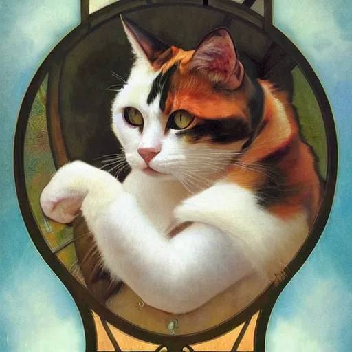 Image similar to portrait of a calico cat!!!!!!, calico cat, animal, cat masterpiece, sakimichan, Ross Tran, (((Alphonse Mucha)))