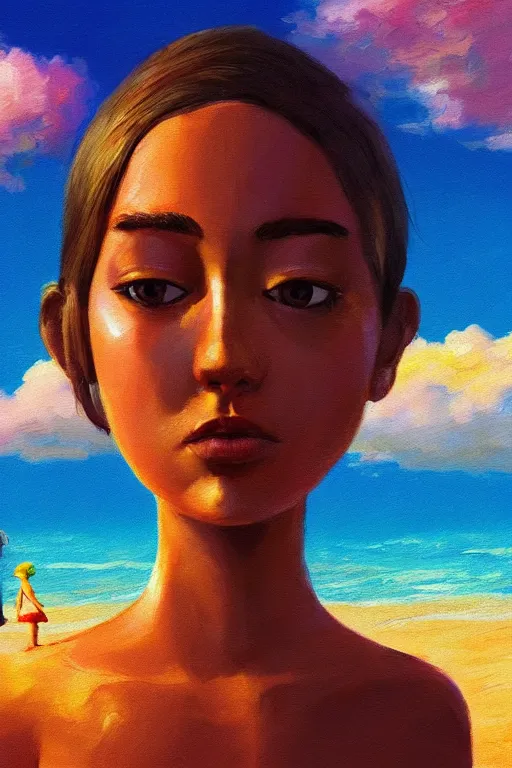 Image similar to closeup, giant frangipani head, girl on beach, surreal photography, golden hour, colorful clouds, impressionist painting, digital painting, artstation, simon stalenhag