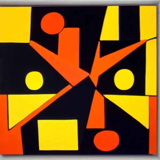 Image similar to an abstract painting of symmetric squares, circles and triangles in black, orange and yellow, inspired by piet mondrian