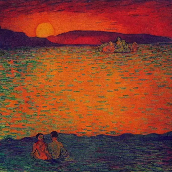 Image similar to lovers in the turbulent river. red sun setting through the storm clouds. iridescent, vivid psychedelic colors. painting by munch, agnes pelton, egon schiele, henri de toulouse - lautrec, utamaro, monet