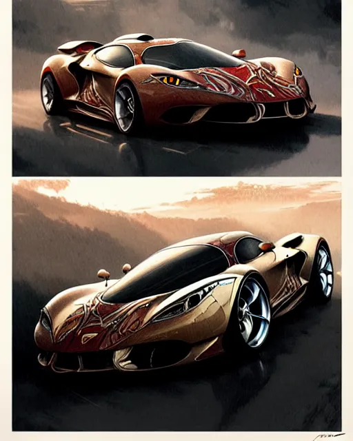 Image similar to Art nouveau Ferarri car, fantasy, intricate motion blur designs, elegant, highly detailed, sharp focus, art by Artgerm and Greg Rutkowski and WLOP