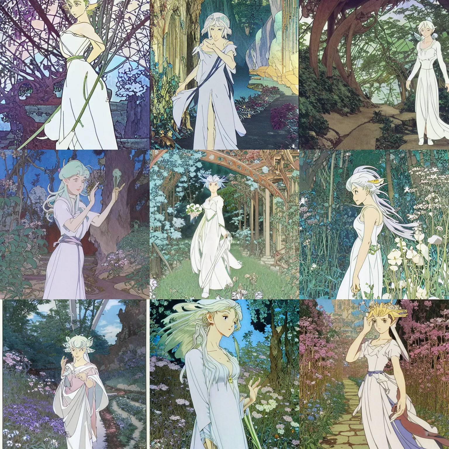 Prompt: Portrait of a beautiful silver-haired elf wearing a white dress walking through a city reclaimed by nature, fantasy, defined facial features, highly detailed, animation cel, official Kyoto Animation and Studio Ghibli anime screenshot, by Osamu Tezuka and Alphonse Mucha