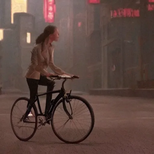 Prompt: photo of a woman riding a bike, neo - future, highly detailed environment, depressing, lonely, movie, movie screengrab, noir, heavily detailed face, backlighting, elegant, in the style of wong kar - wai