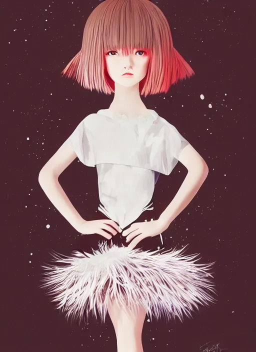 Prompt: little girl with an eccentric haircut wearing an dress made of feathers, artwork made by ilya kuvshinov, full character