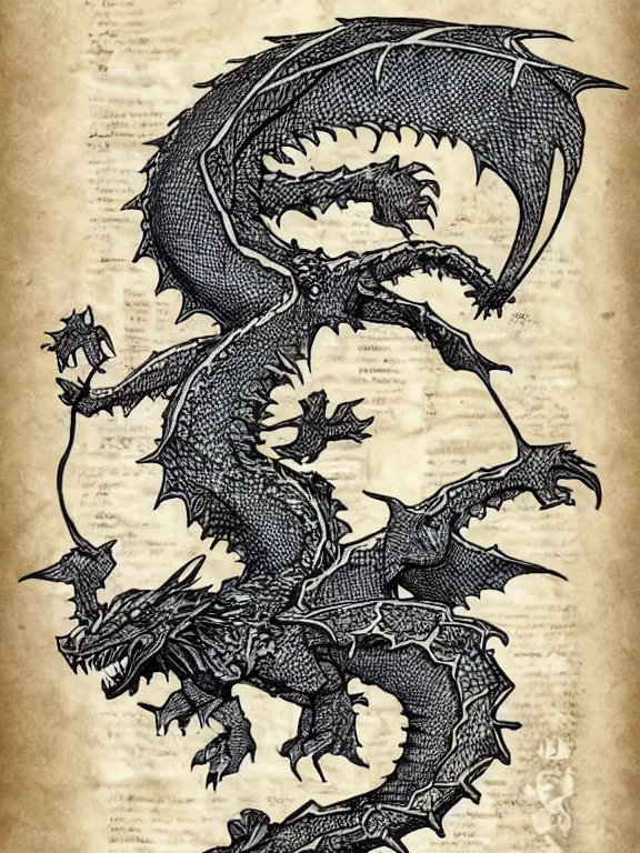 Image similar to ink illustration of a dragon, monster manual style, dungeons and dragons guidebook, tan parchment paper