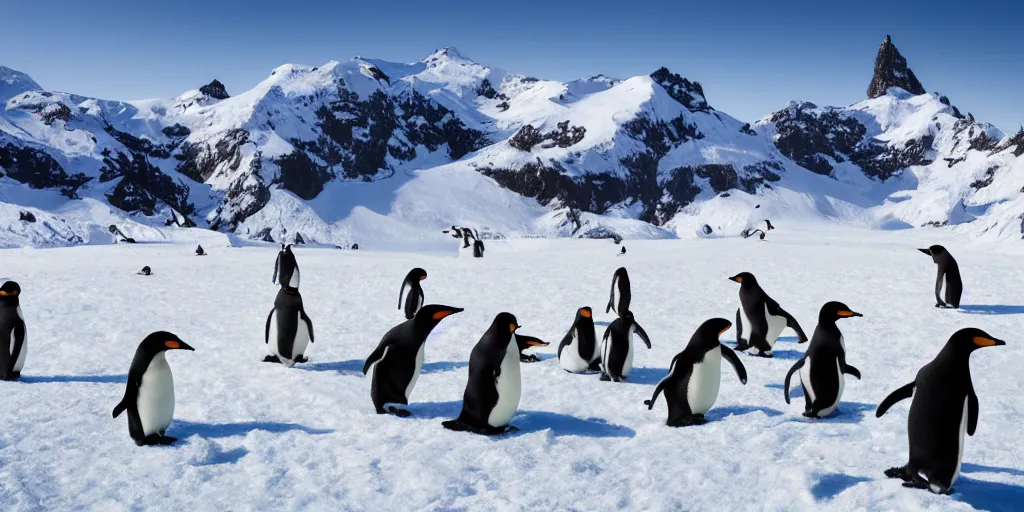 Image similar to ultrawide angle photograph of a team of penguins on snowboards extremely detailed, 8 k